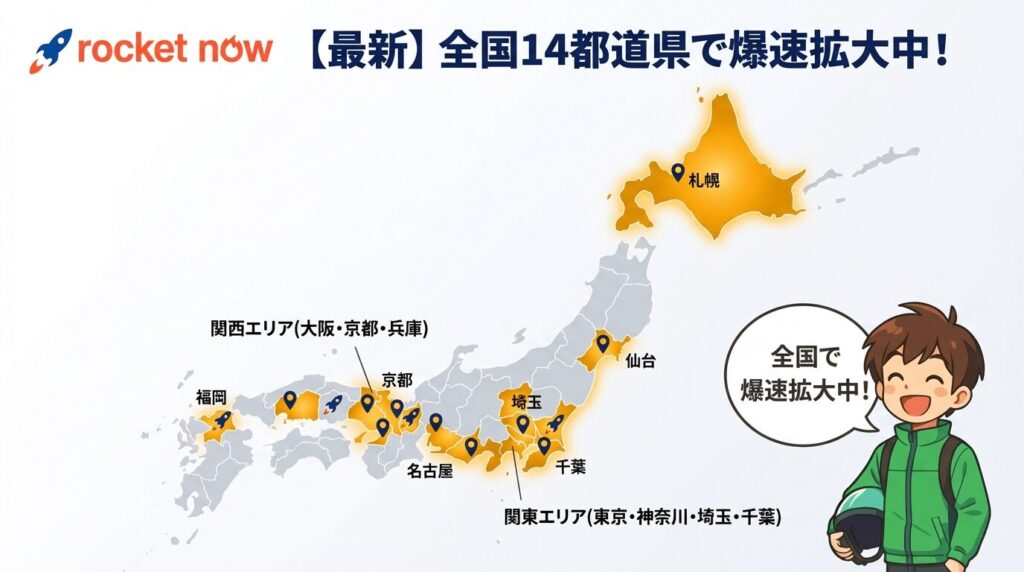 ロケットナウ(Rocketnow)配達員の最新対応エリアマップ。東京・神奈川・埼玉・千葉の関東から大阪・京都・兵庫の関西、札幌・仙台・名古屋・広島・福岡など全国14都道県の稼げるエリアを網羅。紹介コードVQCAZ0CNで4000円CP中。