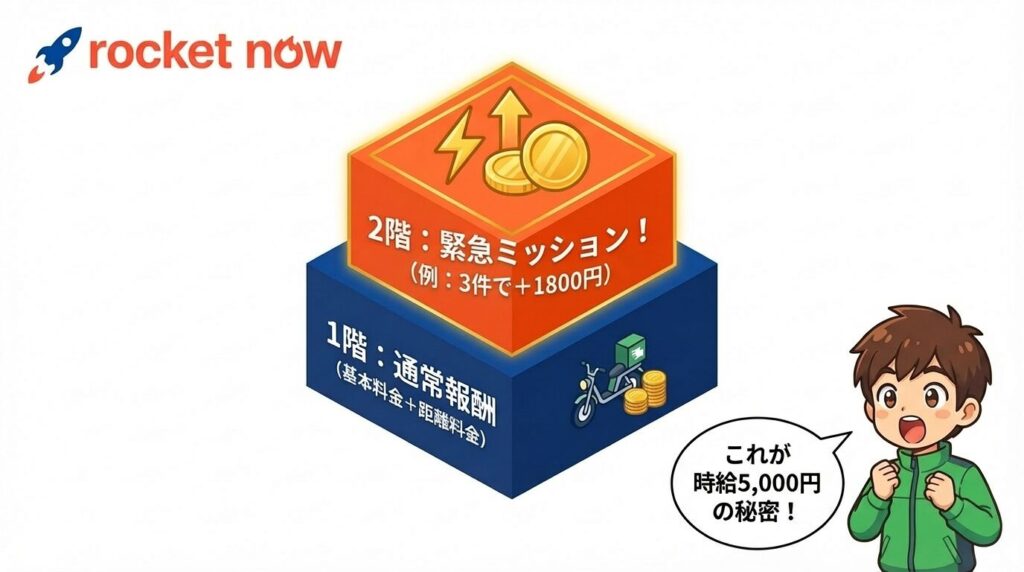 ロケットナウ(Rocketnow)配達員の稼ぎ方の核心「二階建て報酬」の仕組み。通常報酬と緊急ミッションの重複で高時給を狙う方法。評判の紹介コードVQCAZ0CNキャンペーンやエリア情報、紹介報酬が反映されない時の対策を現役が解説。