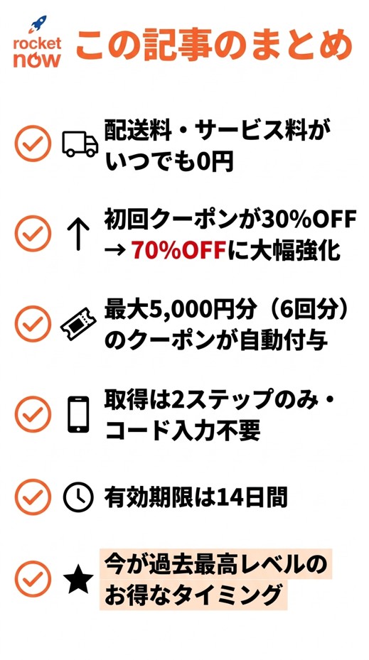 ロケットナウクーポン記事まとめ｜配送料0円・初回70%OFF・最大5,000円分クーポン・2ステップ取得