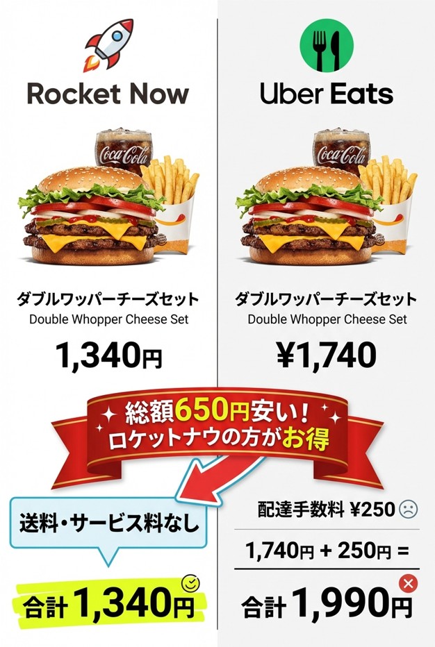 ロケットナウとUber Eatsのバーガーキング価格比較。同じダブルワッパーチーズセットがロケットナウ1,340円、Uber Eats1,990円で総額650円の差。