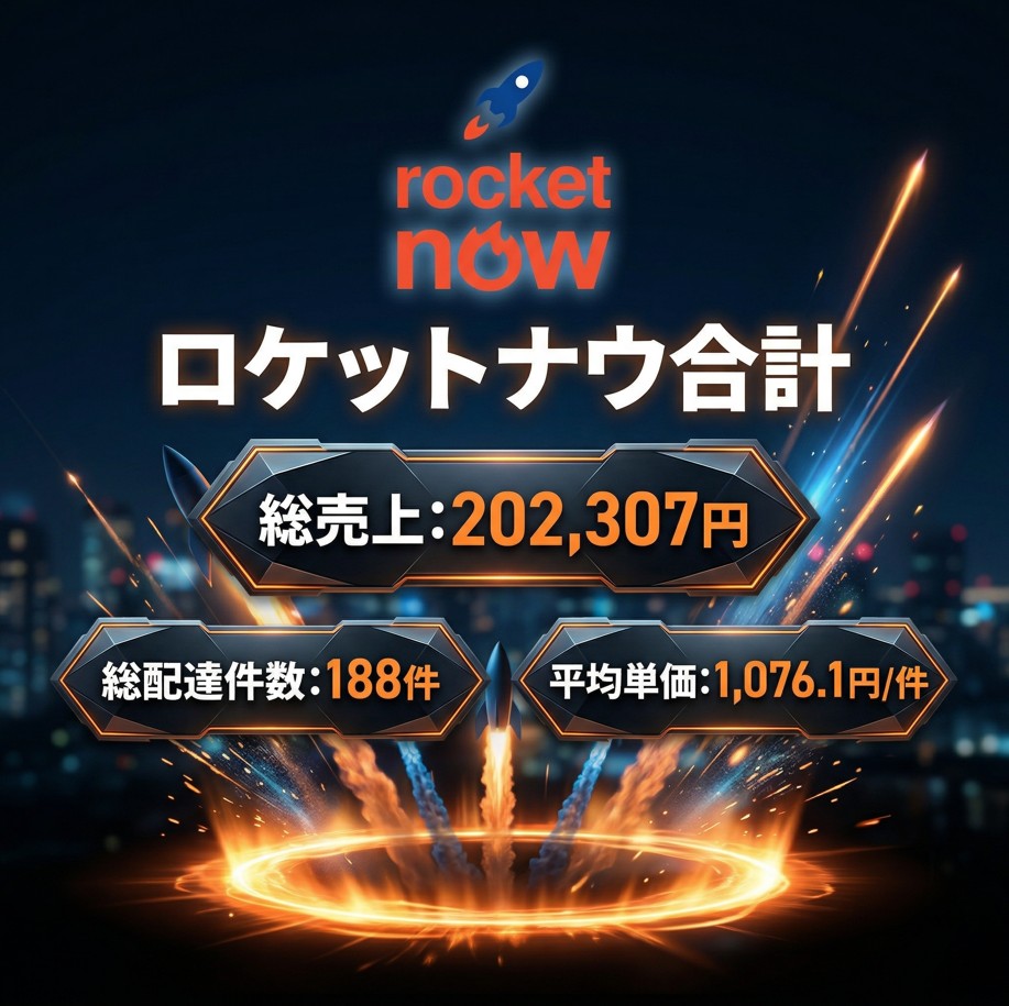 「ロケットナウ 配達員」として直近3ヶ月間稼働した実際の「収入」実績を示す画像。画面には「ロケットナウ合計」として、総売上:202,307円、総配達件数:188件、平均単価:1,076.1円/件という具体的な「リアルなデータ」が記載されている。