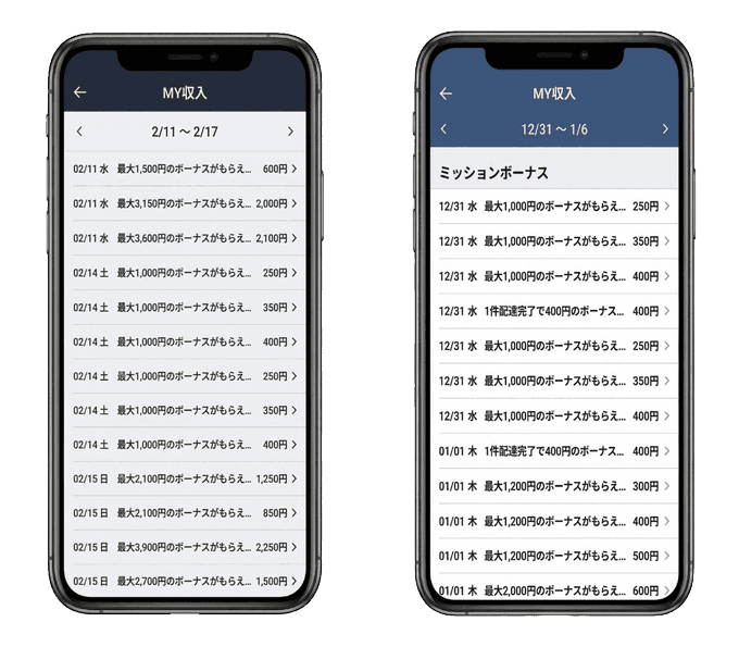 「ロケットナウ ミッション」に参加して獲得した「ボーナス」の履歴を示すアプリのスクリーンショット画像。2つのスマホ画面が並んでおり、「MY収入」のページに「最大1,500円のボーナスがもらえ…」「1件配達完了で400円のボーナス…」といったミッション達成報酬が連続して記録されている。効率よく「稼ぐ」ことができる実績の証明。