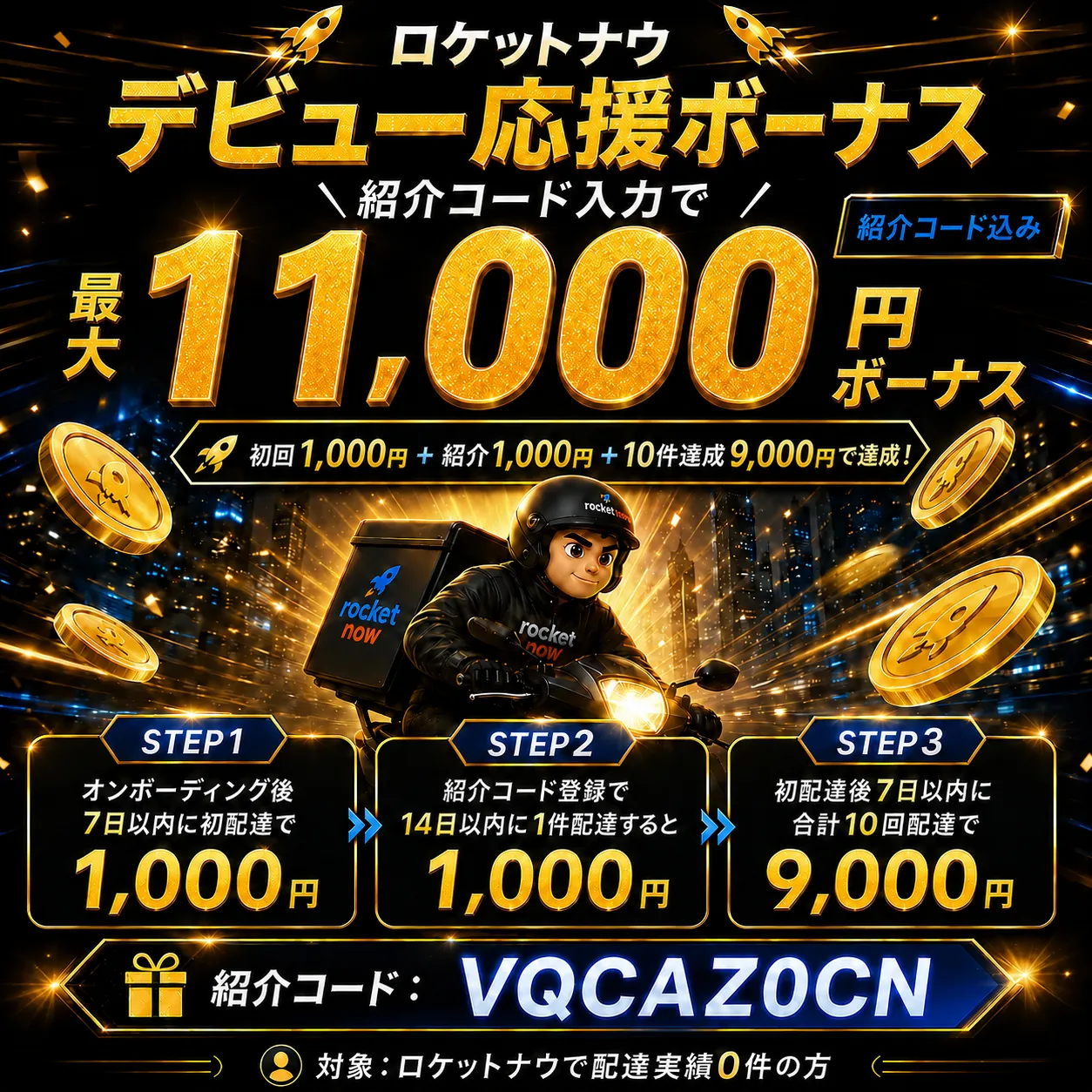 【2026年6月22日更新】ロケットナウ配達員キャンペーンのデビュー応援ボーナス。紹介コードVQCAZ0CN入力で最大11,000円を狙える条件と内訳を解説する画像