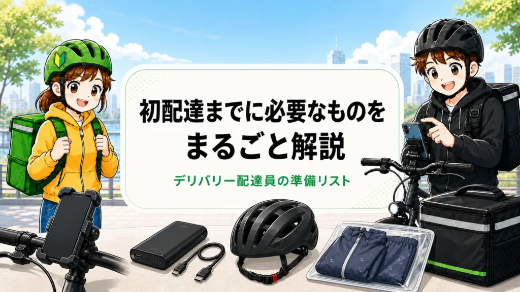 Uber Eatsの初配達に必要なスマホホルダー、モバイルバッテリー、自転車用ヘルメット、レインウェアと男女の配達員イラスト