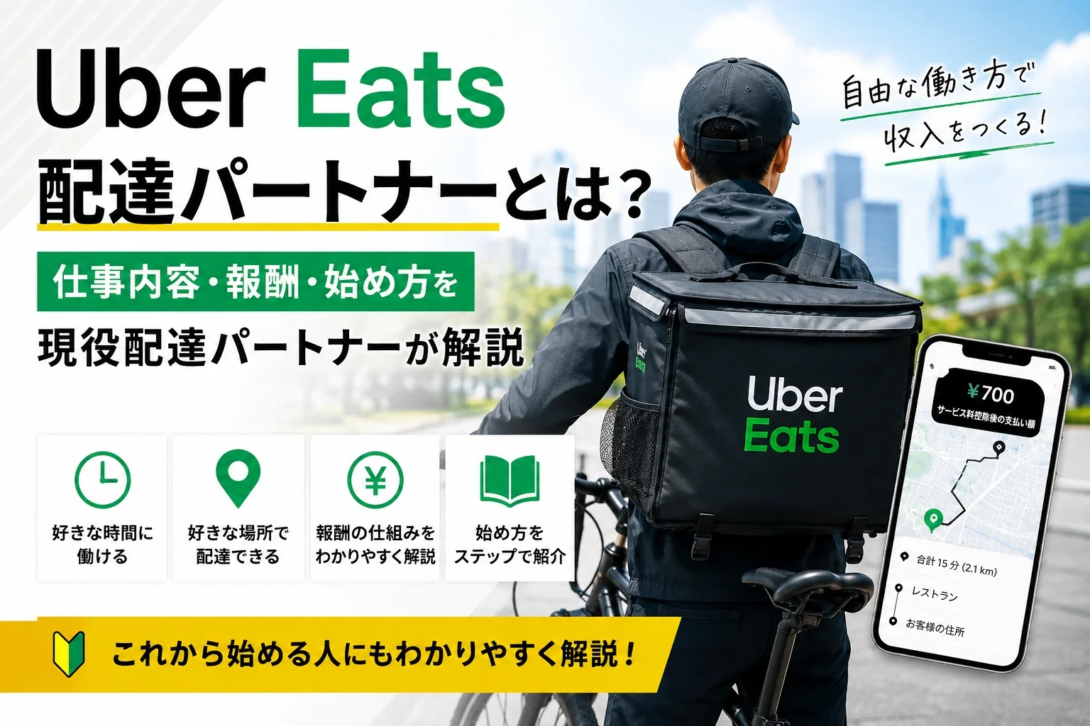 Uber Eats 配達員の登録・始め方を解説する記事のサムネイル