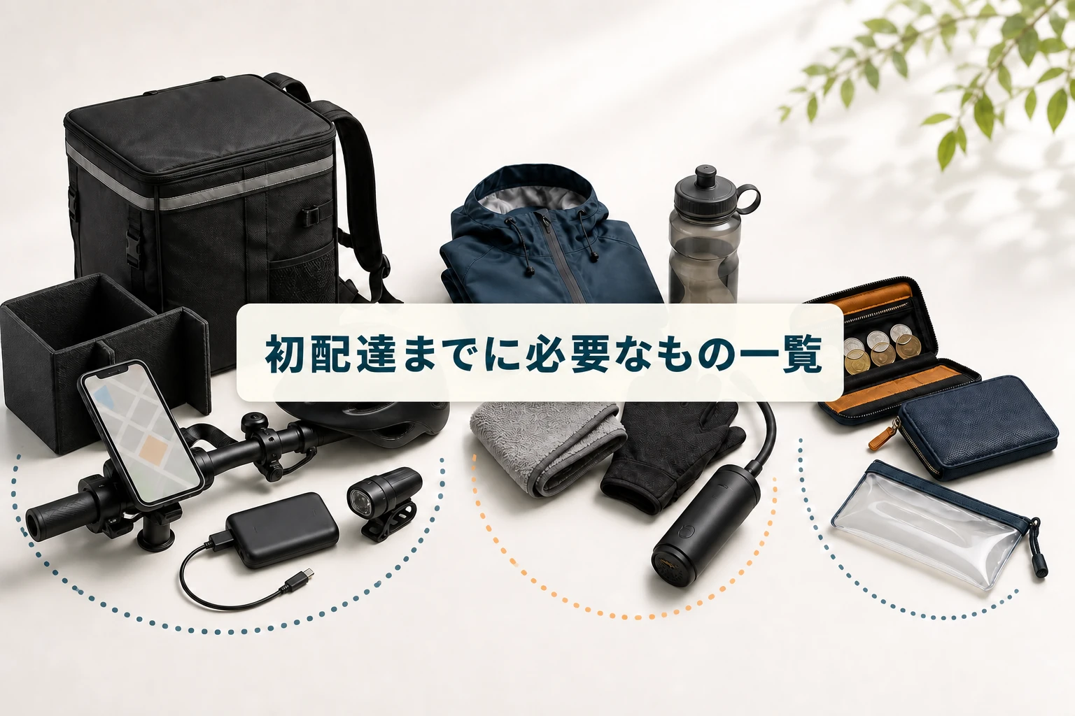 Uber Eats配達員の初配達に必要なもの一覧。配達バッグ、スマホホルダー、便利グッズ、現金配達用品をまとめたイメージ