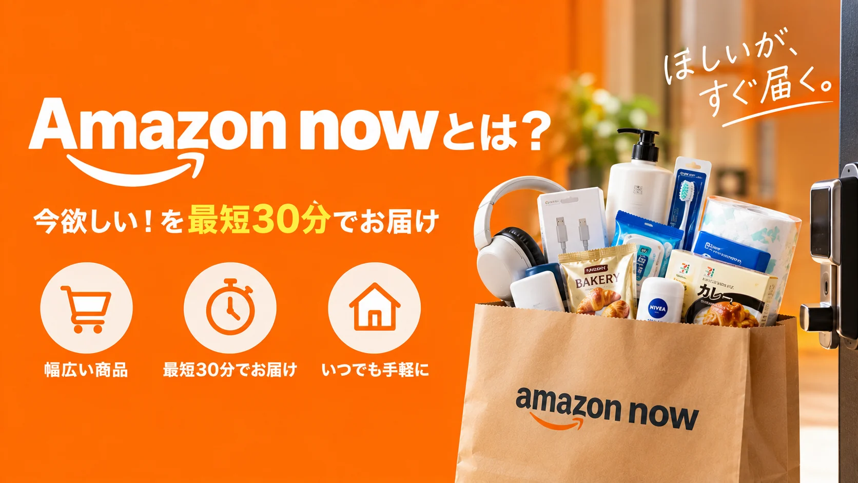 Amazon Nowとは何かを示すイメージ。食品・飲料・日用品を最短30分で届ける即時配送サービス