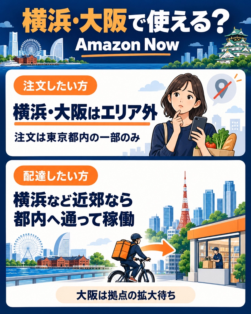Amazon Now（アマゾンナウ）の横浜・大阪・千葉・埼玉でのエリア拡大状況と注文者（現在は対象地域外）・配達員（近郊遠征稼働OK）の対応比較