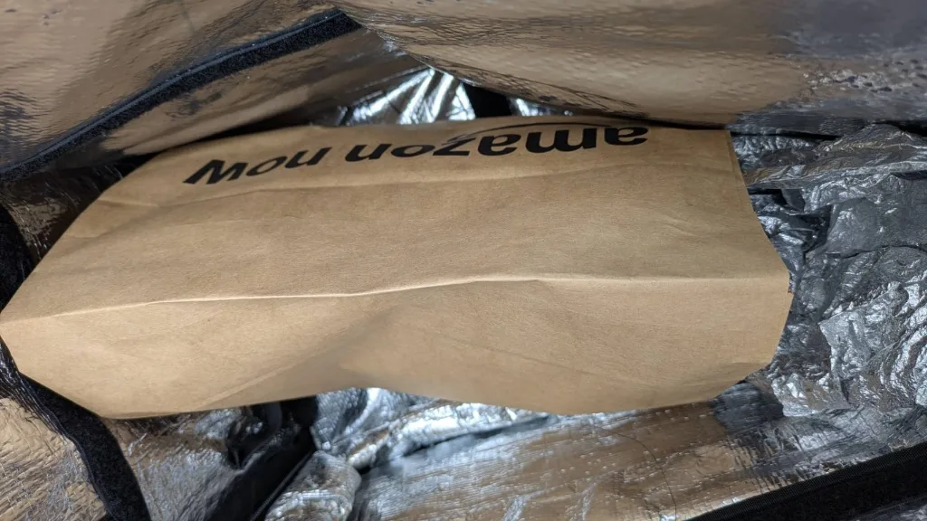 Amazon Nowの商品紙袋をUber Eats公式デリバリーバッグに収納した様子