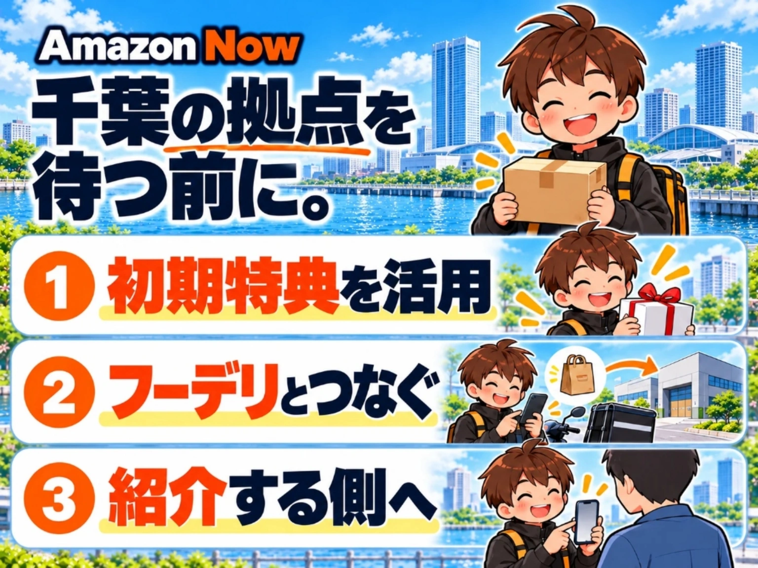 Amazon Now（アマゾンナウ）で千葉県（浦安・市川・船橋等）の拠点を待つ前に今すぐ始めるべき3つの理由を解説する図解イラスト。「①初期特典を活用（紹介2万円＋新規ボーナス・待機保証）」「②フーデリとつなぐ（ドロップ先を新橋AMN4等の拠点に合わせて連続稼働）」「③紹介する側へ（1人2万円×最大10人＝20万円分の紹介リンク発行）」の3大先行者利益を現役配達員が紹介するイメージ