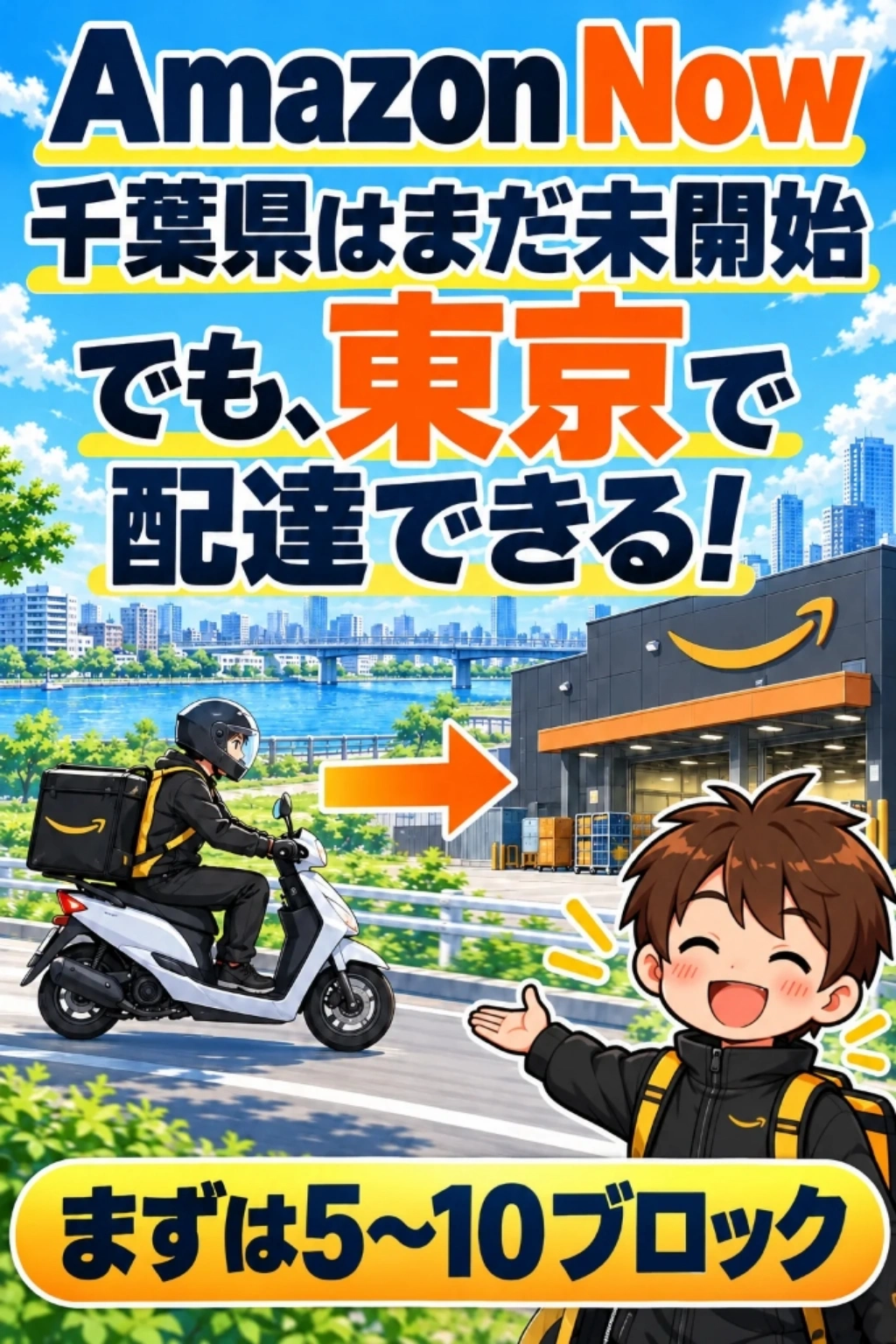 Amazon Now（アマゾンナウ）は千葉県内はまだサービス未開始でも、東京（新橋AMN4・麻布十番AMN7等）で配達員として稼働できることを解説する図解イラスト。原付バイクで旧江戸川・江戸川の橋を渡って都内ステーションへ向かい、まずは5〜10ブロックで特典と高時給を狙う流れを現役配達員が案内するイメージ