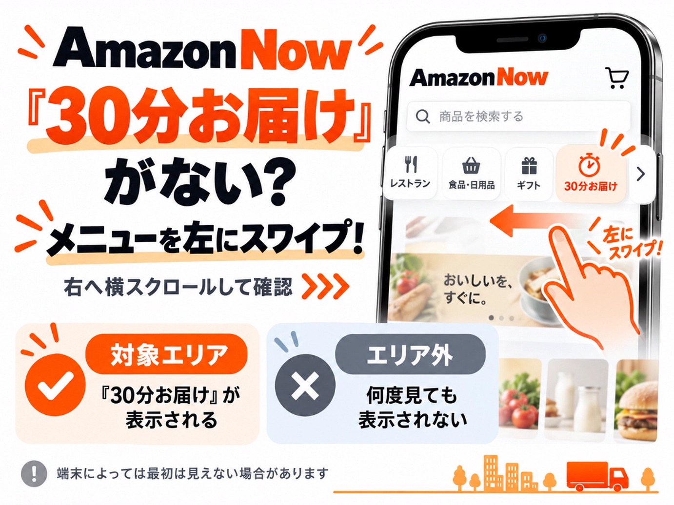 Amazon Now（アマゾンナウ）対象エリア内で「30分お届け」メニューが表示される画面確認手順とプライム配送料無料・クーポン利用のポイント