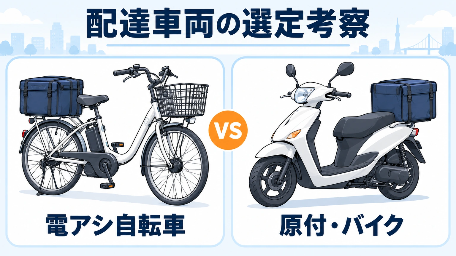 Amazon Now配達員の車両の比較。電動アシスト自転車と原付・バイクを並べた見出し画像