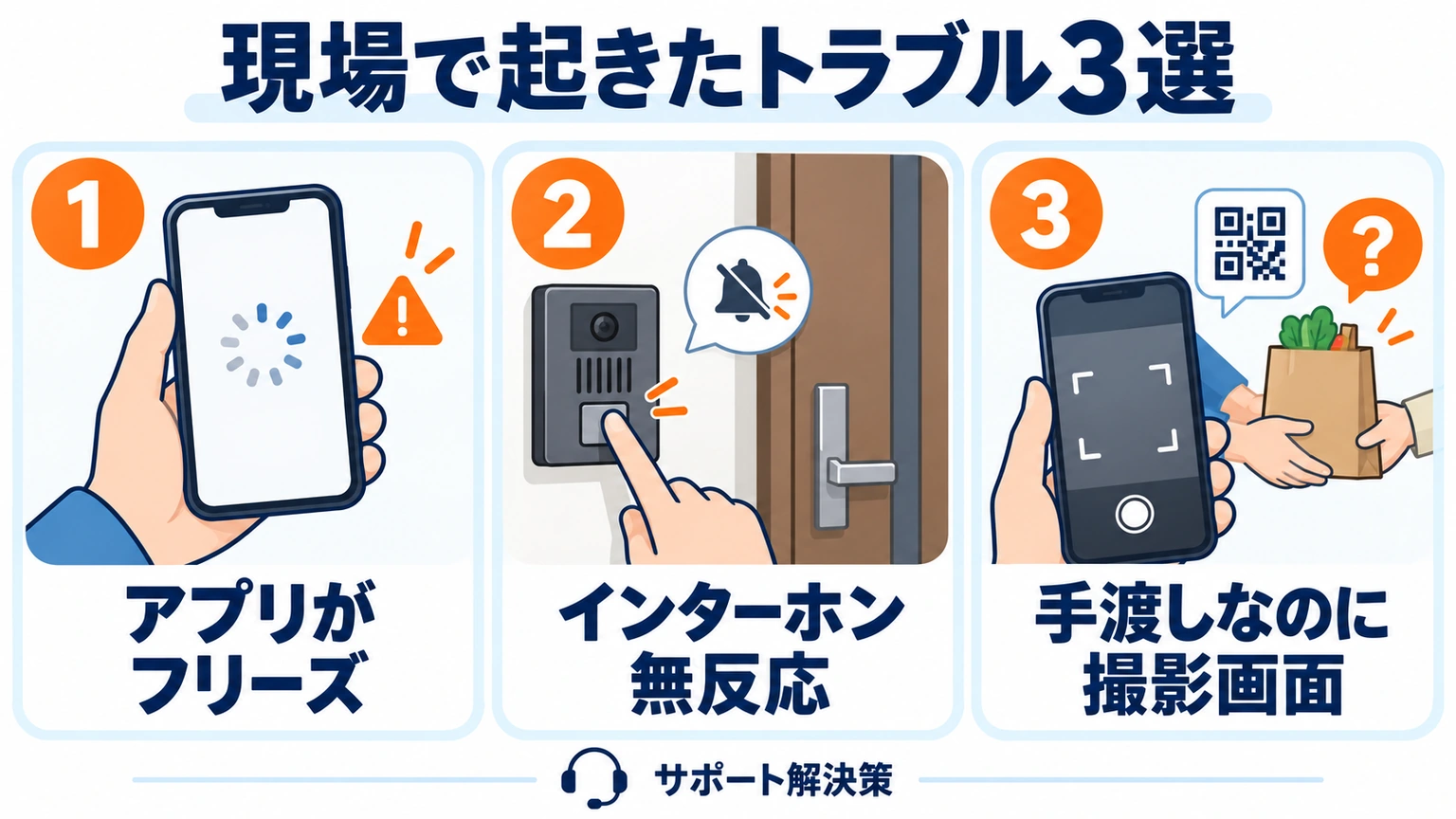 Amazon Now配達員の現場トラブル3選の図解。アプリのフリーズ、インターホンの無反応、手渡しなのに写真撮影画面が出る件と、サポートでの解決策