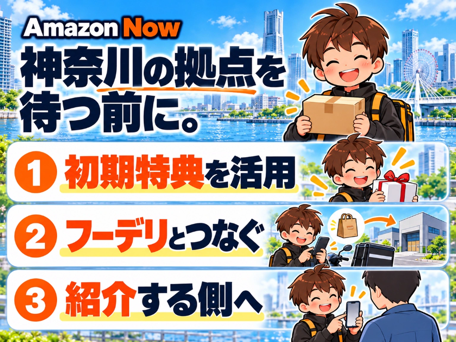 Amazon Now（アマゾンナウ）で神奈川の拠点を待つ前に今すぐ始めるべき3つの理由を解説する図解イラスト。横浜みなとみらいを背景に「①初期特典を活用（紹介2万円＋新規ボーナス）」「②フーデリとつなぐ（ドロップ先を拠点に合わせて連続稼働）」「③紹介する側へ（1人2万円×最大10人の紹介リンク発行）」の3大先行者利益を現役配達員が紹介するイメージ