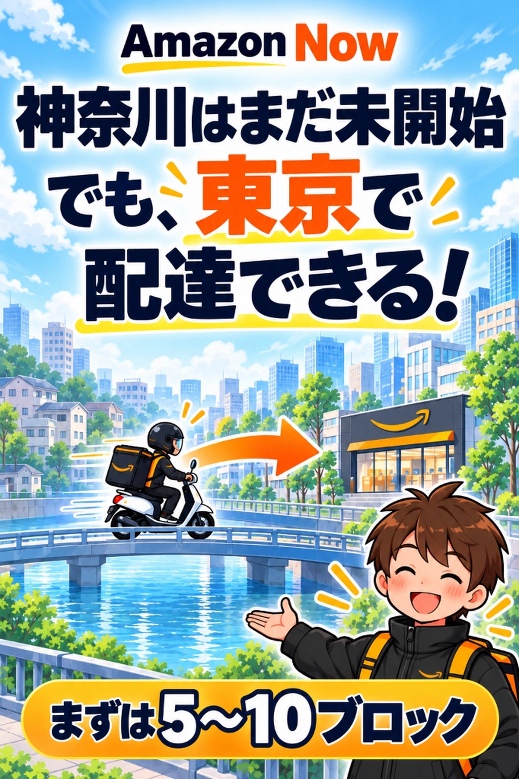 Amazon Now（アマゾンナウ）は神奈川県内はまだサービス未開始でも、東京で配達員として稼働できることを解説する図解イラスト。原付バイクで川の橋を渡って都内ステーションへ向かい、まずは5〜10ブロックで特典と高時給を狙う流れを現役配達員が案内するイメージ