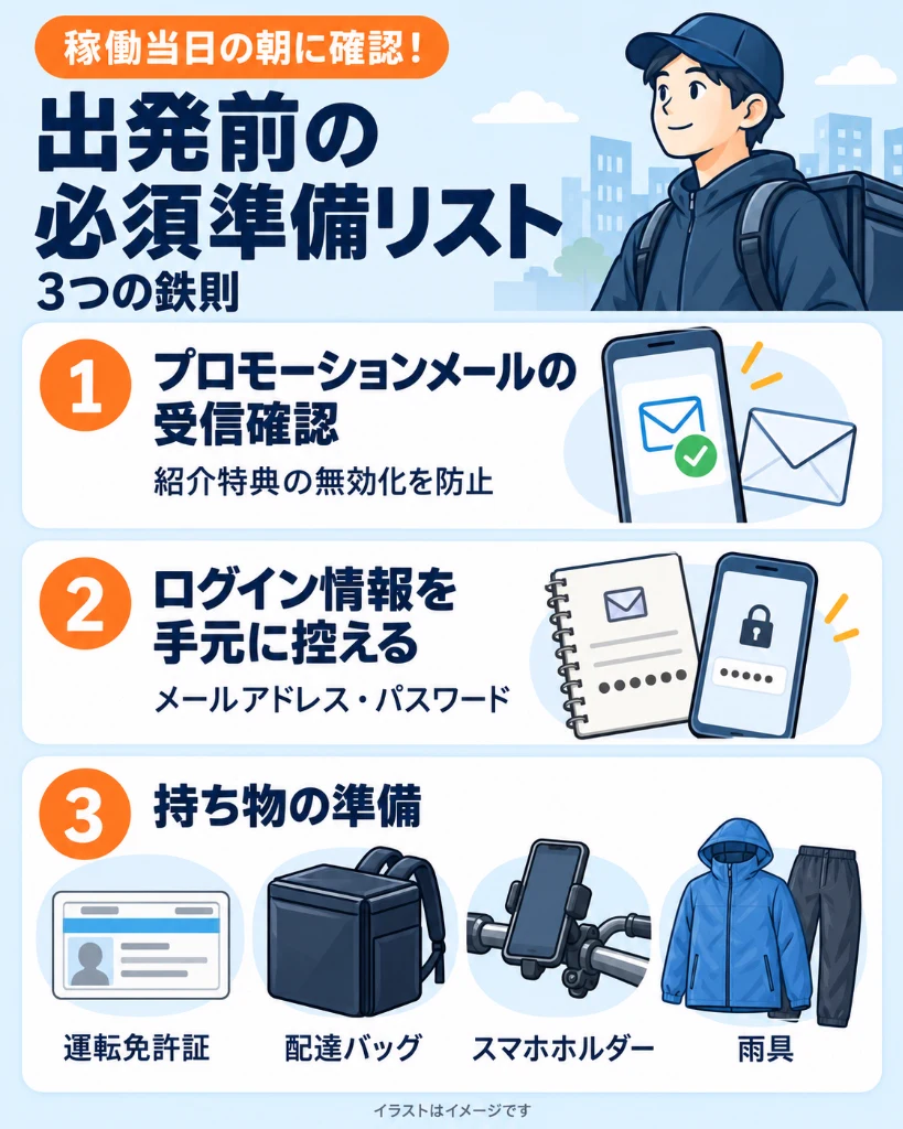 Amazon Now初稼働の出発前準備リスト図解。プロモーションメール受信確認、ログイン情報のメモ、持ち物（運転免許証・バッグ・スマホホルダー・雨具）の3つの鉄則