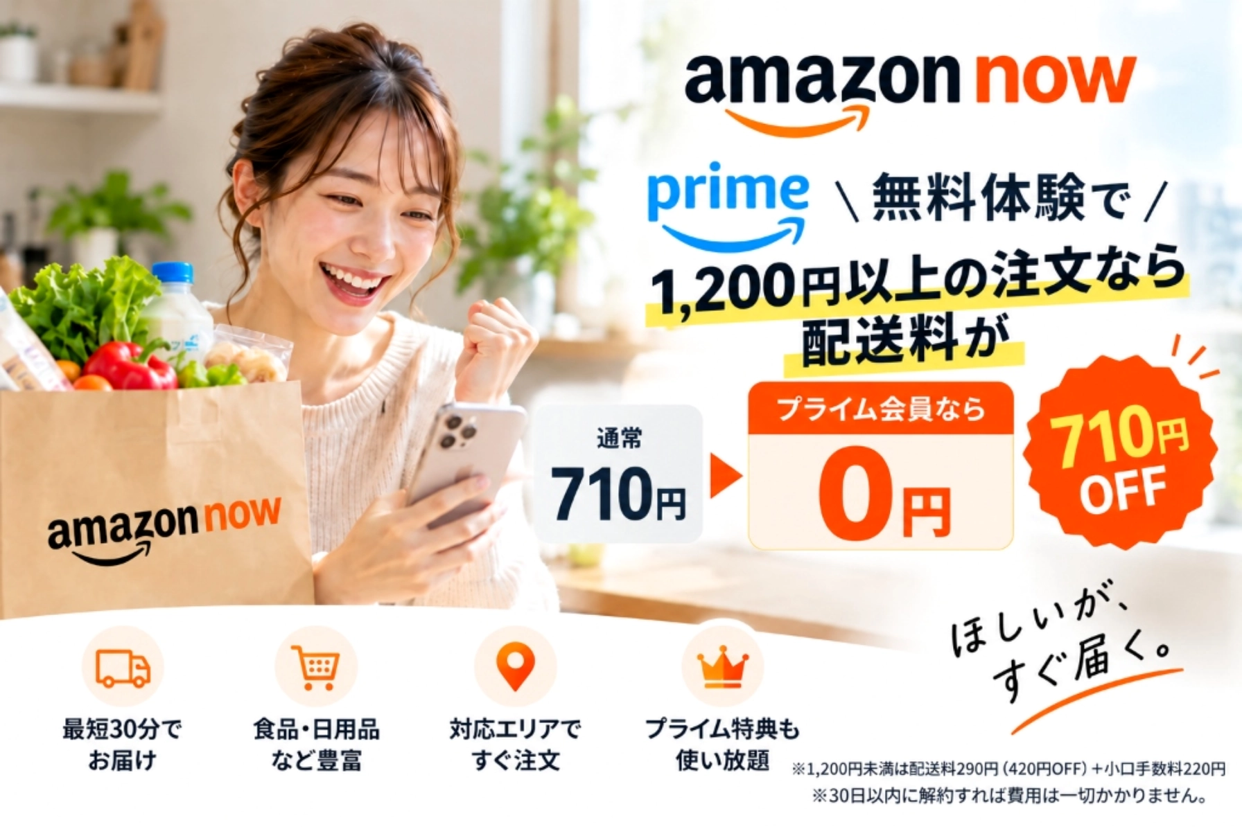 Amazon Now（アマゾンナウ）の配送料比較図解：Amazonプライム無料体験なら税込1,200円以上の注文で通常配送料710円が0円（710円OFF）に割引（1,200円未満は配送料290円＋小口注文手数料220円、30日以内の解約なら会費0円）