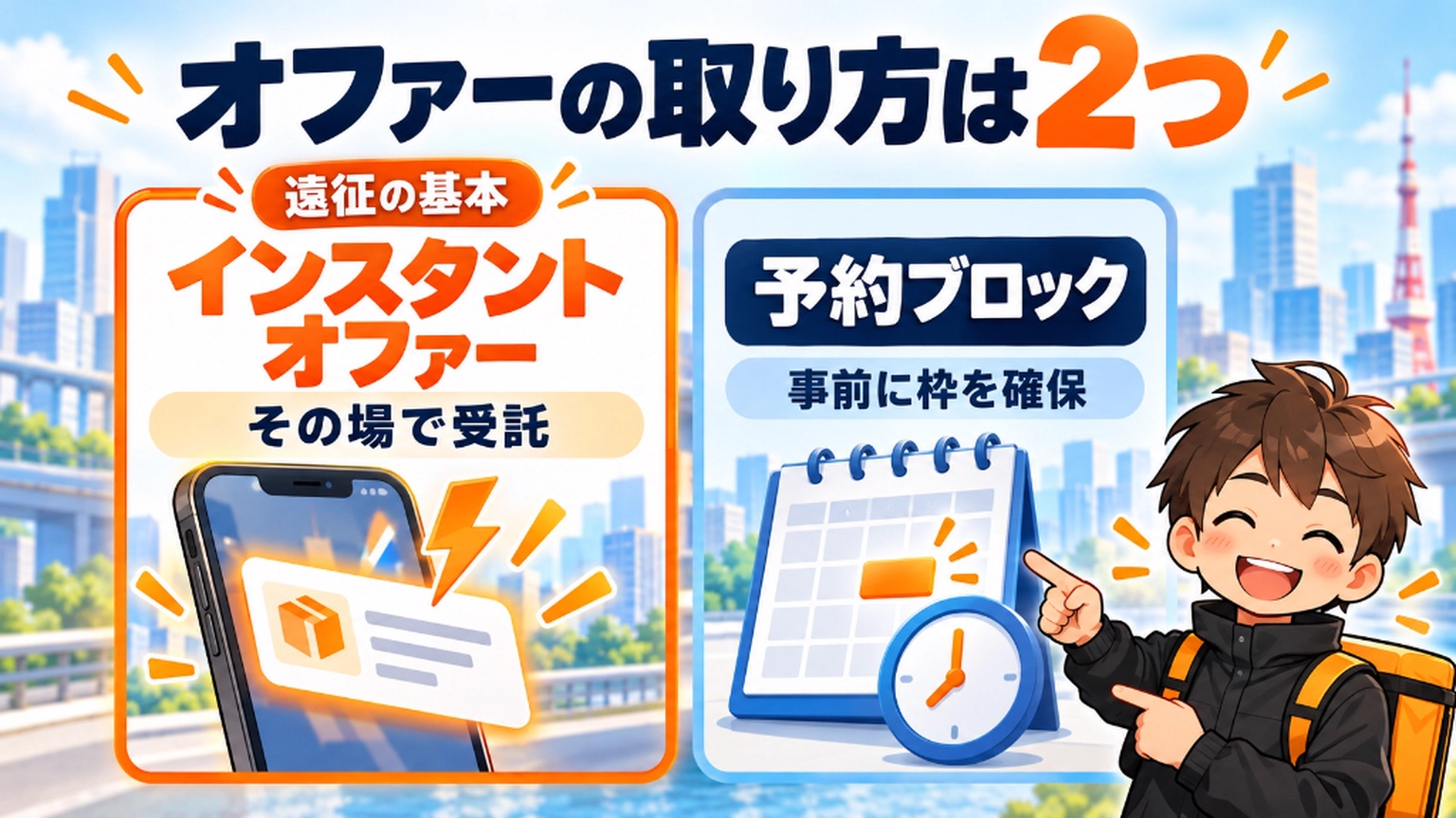 Amazon Now（アマゾンナウ）のオファーの取り方2種類を比較する図解イラスト。埼玉からの遠征の基本であり高単価でその場で受託できる「インスタントオファー」と、カレンダーで事前に枠を確保する「予約ブロック」の違いと使い分けを現役配達員が解説するイメージ