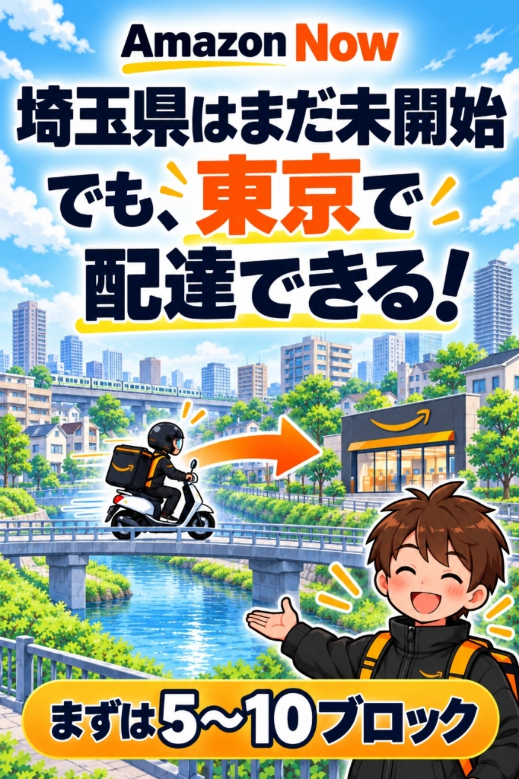 Amazon Now（アマゾンナウ）は埼玉県はまだ未開始でも、東京で配達できることを解説する図解イラスト。原付バイクで荒川の橋を渡って都内ステーションへ向かい、まずは5〜10ブロックで紹介特典2万円と高時給を狙う流れを現役配達員が案内するイメージ