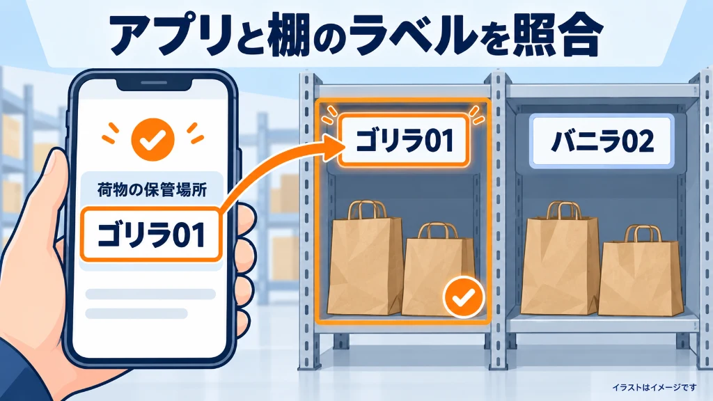 Amazon Nowの棚ロケーション仕様。アプリ画面に表示される「荷物の保管場所 ゴリラ01」と実際の棚ラベル「ゴリラ01」を照合して荷物をピックアップする流れ