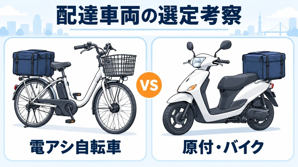 Amazon Now配達車両の選定考察。電アシ自転車 vs 原付・バイクの機動力・一方通行規制・駐輪環境の比較