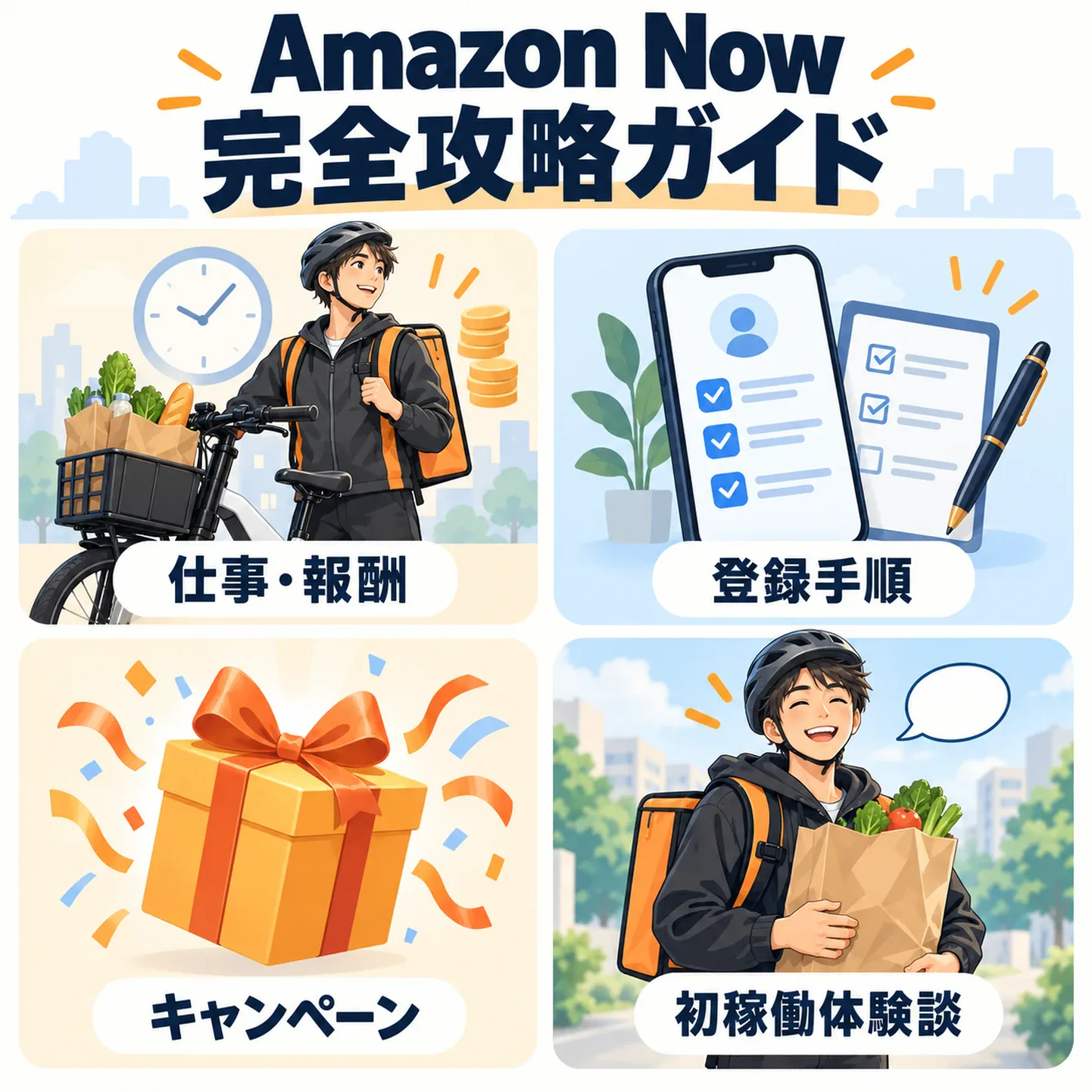 Amazon Now完全攻略ガイド関連記事一覧図解。時給報酬・登録手順27ステップ・最新キャンペーン・初稼働体験談