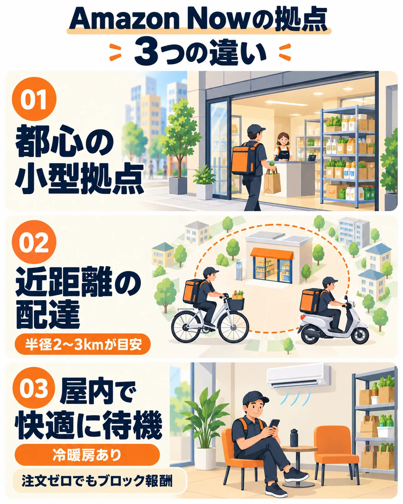 Amazon Nowと通常アマゾンフレックスの拠点の3つの違い図解。都心小型ダークストア・半径2〜3km近距離配達・冷暖房完備の屋内待機