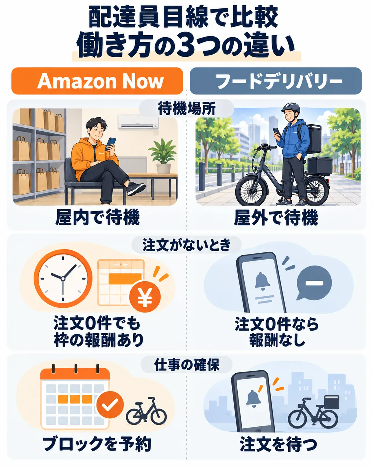 Amazon Nowとフードデリバリー（出前館・Uber Eats・ロケットナウ）の働き方・報酬比較図解。待機場所・無注文時の時給保証・案件確保