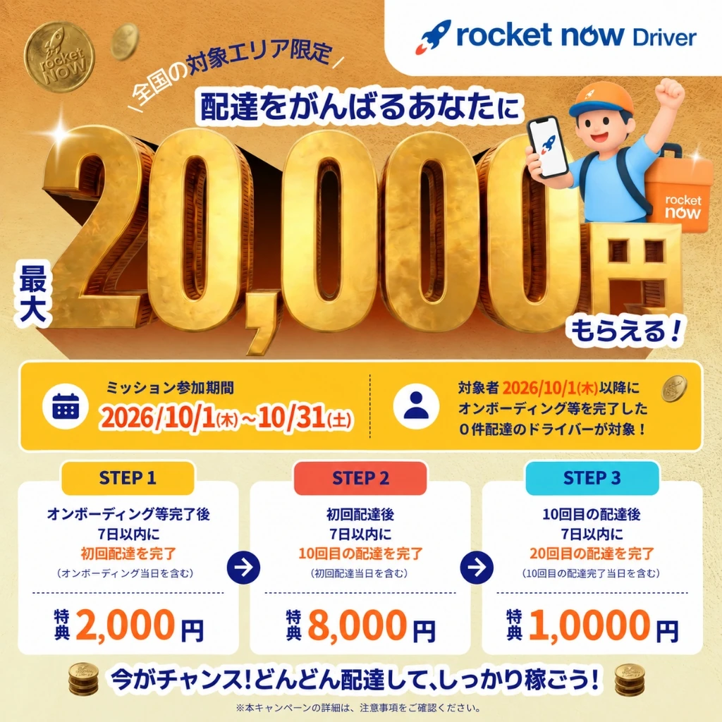 ロケットナウ配達デビューミッション最大20,000円公式キャンペーンバナー(2026年10月最新) ロケットナウ配達員向け全国対象エリア限定の最大20,000円配達デビューミッション公式バナー。2026年10月1日〜10月31日までにオンボーディング完了した新規ドライバー対象、初回2,000円・10回8,000円・20回10,000円の達成条件を明記。